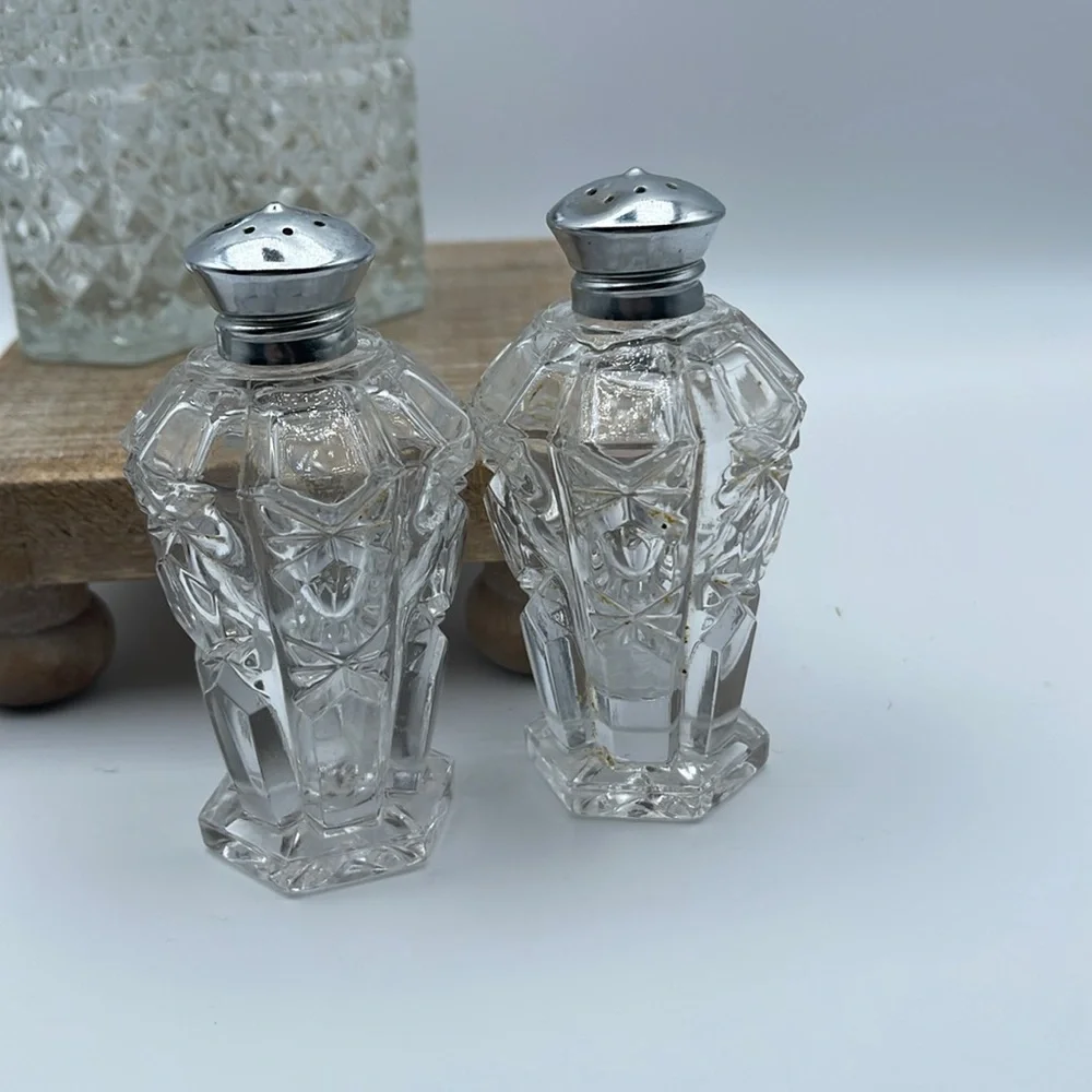 Vintage Pressed Glass Salt and Pepper Shakers with Silver Accents Lot of 3 Sets